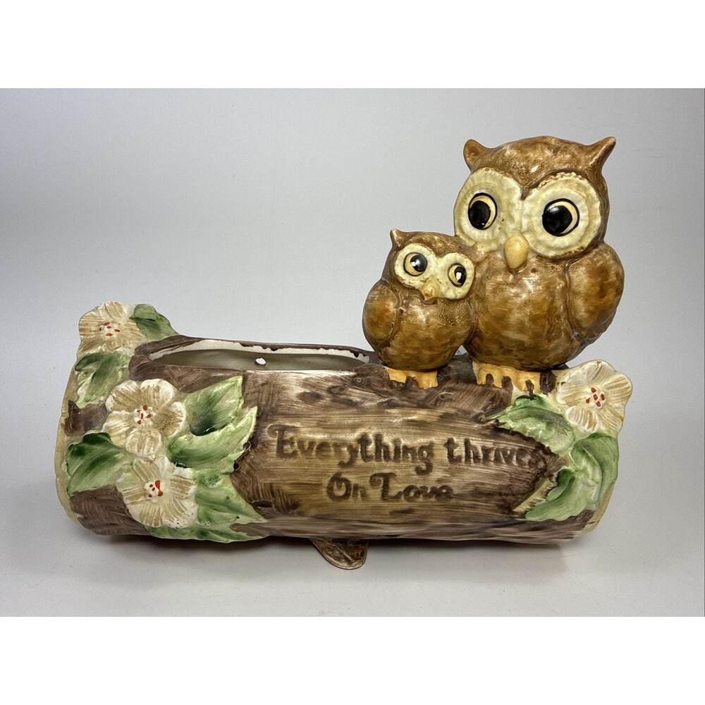 Josef Originals Owl Baby Planter Log Floral “Everything Thrives On Love” K3